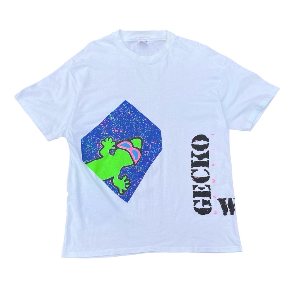 Vintage 80s Gecko Hawaii All Over Print Single Stitch White Graphic Tee Shirt XL